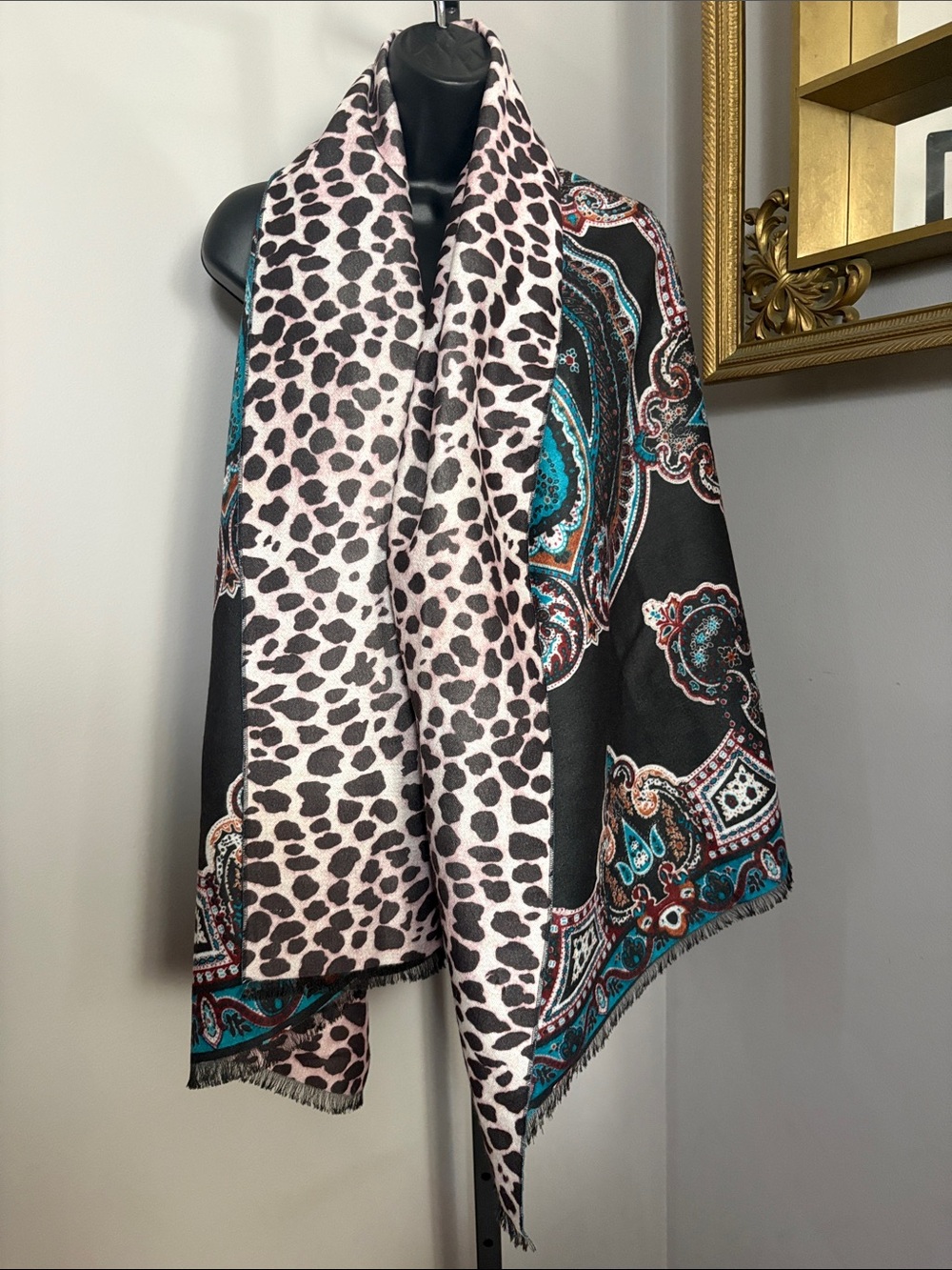 NEW Soft Surroundings Turquoise Brown Leopard & Paisley Reversible Wrap Scarf